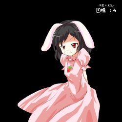 Rule 34 | 1girl, alphes (style), animal ears, arms behind back, bad id, bad pixiv id, black hair, carrot, carrot necklace, character name, dress, female focus, inaba tewi, jewelry, necklace, parody, pendant, platinum c, rabbit ears, simple background, smile, solo, style parody, touhou