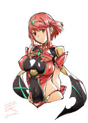 Rule 34 | 1girl, armor, arms behind back, blush, breasts, covered navel, highres, large breasts, looking at viewer, nintendo, pyra (xenoblade), red eyes, red hair, shikishima gangu, shoulder armor, sidelocks, simple background, smile, solo, swept bangs, tiara, white background, xenoblade chronicles (series), xenoblade chronicles 2