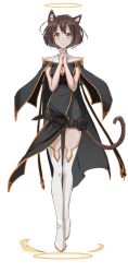 Rule 34 | 1girl, animal ears, bare shoulders, breasts, brown hair, cat ears, cat tail, cleavage, cleavage cutout, clothing cutout, floating, full body, hair between eyes, halo, highres, katsuki natsu, looking at viewer, nun, original, own hands together, short hair, simple background, solo, tail, thighhighs, white background, white thighhighs, yellow eyes