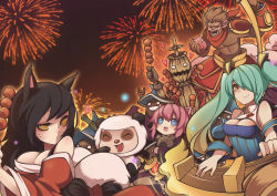 Rule 34 | ahri (league of legends), animal ears, annie (league of legends), black hair, blue eyes, blue hair, breasts, brown hair, cat ears, cleavage, fiddlesticks, fireworks, food, fox ears, fox tail, kaka cheung, league of legends, long hair, multicolored hair, music, panda teemo, pink hair, sona (league of legends), staff, tail, teemo, toy, twintails, weapon, wukong (league of legends), yellow eyes