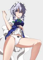 Rule 34 | 1girl, bare legs, black bow, blue dress, blue eyes, bow, bow panties, braid, breasts, clenched teeth, clothes lift, commentary request, dress, dress lift, feet out of frame, green bow, green ribbon, grey background, hair between eyes, hair bow, hand up, highres, izayoi sakuya, lifted by self, maid, maid headdress, medium breasts, neck ribbon, panties, petticoat, puffy short sleeves, puffy sleeves, ribbon, shirt, short dress, short hair, short sleeves, silver hair, simple background, solo, teeth, thighs, touhou, twin braids, underwear, v-shaped eyebrows, vel0x s, white panties, white shirt