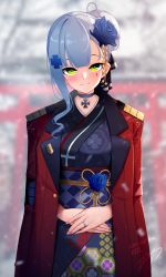 Rule 34 | 1girl, 2022, absurdres, alternate costume, alternate hairstyle, black choker, black kimono, black ribbon, blue flower, blue rose, blush, choker, closed mouth, coat, coat on shoulders, cross, day, eyebrows hidden by hair, facial mark, fingernails, flower, girls&#039; frontline, green eyes, griffin &amp; kryuger military uniform, hair bun, hair flower, hair ornament, hair ribbon, hands on own stomach, happy new year, highres, hk416 (girls&#039; frontline), iron cross, japanese clothes, jewelry, kimono, long fingernails, long hair, looking at viewer, new year, obi, open clothes, open coat, outdoors, own hands together, print kimono, red coat, ribbon, ring, rose, sash, signature, silver hair, single hair bun, single sidelock, smile, snowing, solo, torii, winter, yukata, z.taiga