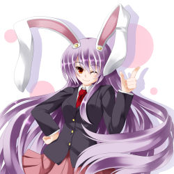 Rule 34 | 1girl, absurdly long hair, animal ears, bad id, bad pixiv id, colorized, fuyuno taka, hand on own hip, iwanori, long hair, looking at viewer, monochrome, necktie, one eye closed, purple hair, rabbit ears, red eyes, reisen udongein inaba, smile, solo, touhou, very long hair, wink