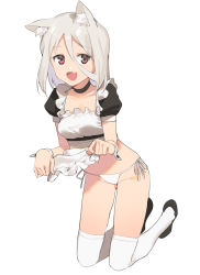 Rule 34 | 1girl, 2l (2lsize), :d, animal ear fluff, animal ears, apron, apron lift, cat ears, clothes lift, fang, frills, full body, hair between eyes, highres, kneeling, lifting own clothes, loafers, looking at viewer, maid, navel, open mouth, original, panties, red eyes, shoes, short sleeves, side-tie panties, silver hair, simple background, smile, solo, thighhighs, thighs, underwear, waist apron, white background, white thighhighs