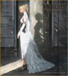 Rule 34 | 10s, 1girl, 2016, armlet, bad id, bad twitter id, blonde hair, bridal gauntlets, company name, copyright name, corset, dated, dress, final fantasy, final fantasy xv, from side, high heels, kingsglaive: final fantasy xv, lunafreya nox fleuret, official art, ponytail, shadow, solo, square enix, sunlight, white dress