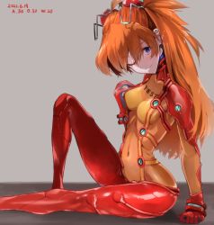 Rule 34 | 1girl, 2022, alternate hairstyle, blue eyes, bodysuit, breasts, dated, evangelion: 2.0 you can (not) advance, highres, lips, long hair, looking at viewer, medium breasts, neon genesis evangelion, one eye closed, orange hair, plugsuit, rebuild of evangelion, red bodysuit, shiny clothes, shiny skin, simple background, sitting, skin tight, smile, solo, souryuu asuka langley, test plugsuit, two side up, very long hair, wink, yagisawa teru
