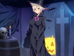Rule 34 | 1girl, barrel, blonde hair, blush, bow, breasts, candle, cape, closed mouth, coffin, cosplay, covered erect nipples, female focus, fire, floor, halloween, hand under clothes, hasekura rei, hat, highres, indoors, large breasts, legs, looking at viewer, maria-sama ga miteru, mizuryu kei, purple eyes, short hair, skull, smile, solo, standing, thighs, wall, witch hat