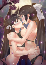 Rule 34 | 2girls, animal ears, atago (azur lane), azur lane, bad id, bad pixiv id, black hair, black panties, blurry, blush, brown eyes, club3, depth of field, eye contact, from side, hand on another&#039;s chin, highres, hug, long hair, looking at another, mole, mole under eye, multiple girls, nose blush, outdoors, panties, ponytail, shared food, sparkle, standing, star (sky), takao (azur lane), underwear, underwear only, very long hair, yuri