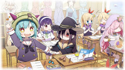 Rule 34 | +++, + +, 6+girls, absurdres, aged down, asymmetrical bangs, black neckerchief, black robe, blonde hair, blue kimono, bob cut, book, bun cover, bungo yayoi, chair, classroom, clone, closed eyes, crystal ball, desk, double bun, dress, drooling, faceless, faceless female, fake horns, fishnet thighhighs, fishnets, flask, flying sweatdrops, fur-trimmed jacket, fur trim, furrowed brow, green headwear, green ribbon, hair bun, hair over one eye, hands on own head, hat, headband, heart, heaven burns red, highres, holding, holding pencil, horned headwear, horns, indoors, jacket, japanese clothes, kanzaki adelheid, kimono, kuji-in, leotard, long hair, long sleeves, looking at another, mouth drool, mouth hold, multicolored eyes, multiple girls, neck ribbon, neckerchief, notice lines, obi, open mouth, paper, pencil, pencil case, pink hair, pleated skirt, ponytail, puffy short sleeves, puffy sleeves, purple hair, purple shirt, purple skirt, red eyes, ribbon, rinki oohen, robe, round-bottom flask, sakuraba seira, sash, satsuki mari, school chair, school desk, scroll, shaded face, shirt, short hair, short sleeves, sidelocks, sitting, skirt, sleeve cuffs, sparkle, standing, team 31c (heaven burns red), tenne miko, thighhighs, twintails, v-shaped eyebrows, veil, very long hair, white dress, white headband, white leotard, wide sleeves, witch hat, yamawaki bon ivar, yellow eyes