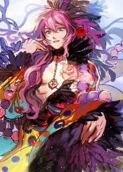 Rule 34 | 10s, 1boy, anchor choker, androgynous, bad id, bad pixiv id, beads, chain chronicle, choker, feathers, flower, gradient background, long hair, lula (chain chronicle), male focus, momo alto, pink eyes, pink hair, purple hair, red flower, red rose, rose, solo, trap