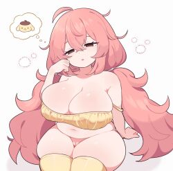 Rule 34 | 1girl, ahoge, aliceyawnin, belly, bikini, bottomless, breast focus, breasts, brown eyes, cleavage, cleft of venus, empty eyes, hand in own hair, hand on floor, highres, huge breasts, low twintails, messy hair, navel, open mouth, original, pink hair, plump, pompompurin, pussy, sanrio, simple background, sleepy, solo, speech bubble, spoken character, squeans, swimsuit, thick thighs, thighhighs, thighs, thinking, twintails, white background, yellow bikini, yellow thighhighs