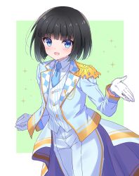 Rule 34 | 1boy, androgynous, bishounen, black hair, blue eyes, blue jacket, blue necktie, blue shirt, epaulettes, formal, gloves, highres, idolmaster, idolmaster side-m, jacket, kagura rei, long sleeves, looking at viewer, male focus, multicolored clothes, multicolored jacket, necktie, pants, rayuse, shirt, short hair, solo, tailcoat, vest, white gloves, white pants, yellow jacket