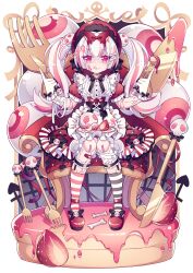 Rule 34 | 1girl, :q, apron, asymmetrical legwear, bandaged leg, bandages, black socks, bone hair ornament, bridal garter, center frills, closed mouth, doll joints, dot nose, eyeball, food, food on face, frilled apron, frilled shirt, frills, fruit, full body, gloves, hair ornament, heart, heart-shaped pupils, hyou (pixiv3677917), index finger raised, joints, long bangs, long hair, multicolored hair, original, pink hair, pink socks, plate, raised eyebrows, red eyes, red footwear, shirt, shoes, sidelocks, simple background, sitting, smile, socks, solo, stitches, strawberry, strawberry slice, streaked hair, striped clothes, striped socks, symbol-shaped pupils, tongue, tongue out, twintails, white apron, white background, white gloves, white hair, white shirt