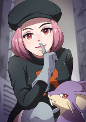 Rule 34 | 1girl, black headwear, black jacket, black skirt, blurry, boots, commentary request, creatures (company), eyelashes, eyeshadow, finger to mouth, game freak, gen 1 pokemon, gloves, grey eyeshadow, grey footwear, grey gloves, hand up, hat, he72oh, highres, index finger raised, jacket, logo, looking at viewer, makeup, nintendo, open mouth, pink hair, pokemon, pokemon (creature), pokemon hgss, rattata, red eyes, shushing, skirt, smile, team rocket, team rocket grunt, team rocket uniform, thigh boots, thighhighs, tongue