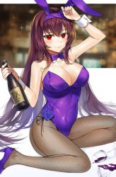 Rule 34 | 1girl, animal ears, bare shoulders, blush, bottle, bow, bowtie, breasts, cleavage, collarbone, covered navel, cup, detached collar, drinking glass, fake animal ears, fate/grand order, fate (series), flower, gijang, hair between eyes, high heels, hip focus, large breasts, leotard, long hair, looking at viewer, official alternate costume, pantyhose, playboy bunny, purple hair, purple leotard, rabbit ears, rabbit girl, red eyes, scathach (fate), scathach (piercing bunny) (fate), smile, solo, spill, strapless, strapless leotard, thighs, wine bottle, wine glass, wrist cuffs
