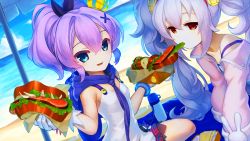 Rule 34 | 2girls, azur lane, beach, beach towel, beach umbrella, blue eyes, blue sky, bow, box, bracelet, breasts, cloud, cloudy sky, commentary, crown, day, dress, dutch angle, eating, expressionless, food, gloves, hair between eyes, hair bow, hair ornament, jacket, javelin (azur lane), jewelry, laffey (azur lane), lettuce, long hair, looking at viewer, manjuu (azur lane), meat, medium hair, mini crown, mitchy1023, multiple girls, ocean, off shoulder, outdoors, parted lips, pink jacket, ponytail, purple hair, red eyes, sandwich, short dress, silver hair, sitting, sky, small breasts, strap slip, thermos, thighs, towel, twintails, umbrella, wavy hair, white dress, white gloves, x hair ornament