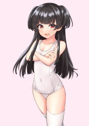 Rule 34 | 1girl, absurdres, bad id, bad pixiv id, bare arms, bare shoulders, black hair, breasts, cleavage, collarbone, commentary request, covered navel, crossed arms, highres, idolmaster, idolmaster shiny colors, long hair, mayuzumi fuyuko, mitsumine raimu, old school swimsuit, one-piece swimsuit, pink background, red eyes, school swimsuit, simple background, small breasts, solo, swimsuit, thighhighs, two side up, very long hair, white one-piece swimsuit, white thighhighs