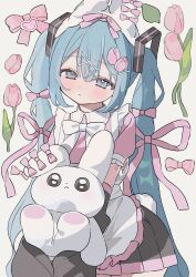 Rule 34 | 1girl, absurdres, animal ears, apron, blue hair, blush, bow, detached sleeves, expressionless, fake animal ears, flower, hair bow, hair ornament, hairclip, hakudaku, half-closed eyes, hatsune miku, highres, holding, holding stuffed toy, long hair, long sleeves, looking at viewer, pleated skirt, rabbit ears, short sleeves, skirt, solo, stuffed animal, stuffed rabbit, stuffed toy, tulip, twintails, very long hair, vocaloid, x hair ornament