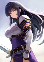 Rule 34 | 1girl, armor, armored dress, ayra (fire emblem), belt, belt buckle, black eyes, black hair, breastplate, brown belt, buckle, closed mouth, commentary, dress, expressionless, fire emblem, fire emblem: genealogy of the holy war, floating hair, highres, holding, holding sword, holding weapon, labebebe lee, long hair, looking at viewer, nintendo, pauldrons, pelvic curtain, purple dress, shoulder armor, solo, sword, weapon