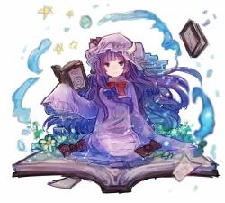 Rule 34 | 1girl, book, bow, chobi (sakuyasakuhana), colorized, crescent, dress, flower, hair ornament, hair ribbon, hat, hydrokinesis, long hair, long sleeves, looking at viewer, mob cap, open book, paper, patchouli knowledge, purple dress, purple eyes, purple hair, ribbon, simple background, sitting, sketch, sleeves past wrists, smile, solo, star (symbol), touhou, water, white background, wide sleeves