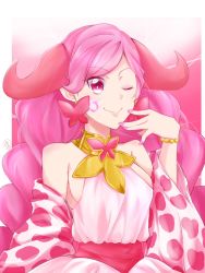 Rule 34 | 1girl, animal print, breasts, commentary request, cow print, earrings, highres, horns, jewelry, long skirt, nail polish, pink hair, precure, princess taurus (precure), sash, skirt, sleeveless, solo, star-shaped pupils, star (symbol), star twinkle precure, symbol-shaped pupils, taurus (zodiac), yu062424, zodiac