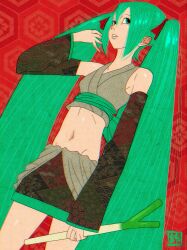 Rule 34 | 1girl, absurdres, bare shoulders, breasts, cowboy shot, detached sleeves, fine art parody, green eyes, green hair, hatsune miku, highres, inkan, japanese clothes, kimono, long hair, looking to the side, midriff, nihonga, parody, red background, red hair bow, sei5osuzuki, sleeveless, sleeveless kimono, small breasts, spring onion, twintails, very long hair, vocaloid