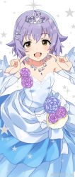 Rule 34 | 10s, 1girl, bare shoulders, brown eyes, chestnut mouth, detached sleeves, dress, flat chest, flower, gown, hair ornament, hairclip, idolmaster, idolmaster cinderella girls, jewelry, koshimizu sachiko, light purple hair, mizuki makoto, necklace, pointing, pointing at self, rose, short hair, simple background, smile, solo, sparkle, strapless, strapless dress, tiara