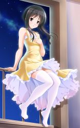 Rule 34 | 1girl, absurdres, arm support, bare arms, bare shoulders, bashen chenyue, black eyes, black hair, blush, breasts, commentary request, dress, frilled dress, frills, full body, hand up, highres, indoors, long hair, looking at viewer, memories off, night, night sky, no shoes, parted lips, railing, sitting, sky, sleeveless, sleeveless dress, small breasts, smile, solo, star (sky), starry sky, thighhighs, white thighhighs, window, yellow dress