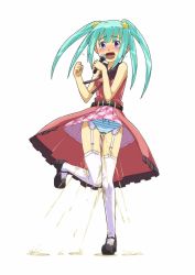 Rule 34 | 1girl, bare shoulders, belt, black footwear, blue hair, blue panties, blush, bow, bow panties, breasts, coat, collarbone, embarrassed, female focus, full body, garter straps, gluteal fold, hair ornament, hands up, have to pee, highres, holding, knees together feet apart, leg up, microphone, nose blush, open mouth, original, panties, pantyshot, peeing, peeing self, pink skirt, plaid, plaid skirt, pleated skirt, purple eyes, red coat, shoes, simple background, skirt, sleeveless, small breasts, solo, standing, standing on one leg, star (symbol), striped clothes, striped panties, tears, teeth, thigh gap, thighhighs, twintails, underwear, upskirt, wavy mouth, wet, wet clothes, wet panties, white background, white thighhighs, zegga