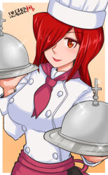 Rule 34 | 1girl, absurdres, alternate costume, ascot, chef, chef hat, hair over one eye, hamu agaki, hat, highres, lipstick, long hair, makeup, parasoul (skullgirls), red hair, red lips, skullgirls, smile, solo, tray, upper body, yellow background, yellow eyes