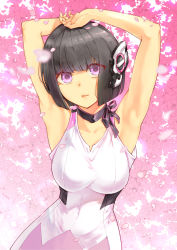 Rule 34 | 1girl, bad id, bad pixiv id, bare arms, black hair, breasts, cherry blossoms, collarbone, commentary request, highres, humagear headphones, inaba makoto, is (kamen rider 01), kamen rider, large breasts, looking at viewer, pink eyes, robot ears, short hair, sleeveless, smile, solo