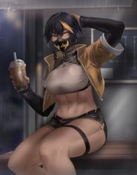 Rule 34 | 1girl, arm behind head, arm up, artist name, black hair, black shorts, black sweater, blonde hair, braid, breasts, bubble tea, bus stop, cowboy shot, cropped jacket, cup, dated commentary, disposable cup, drinking straw, eyebrows hidden by hair, groin, hair between eyes, highres, holding, holding cup, hunyan, jacket, jewelry, large breasts, long sleeves, looking at viewer, mask, medium hair, midriff, mouth mask, multicolored hair, navel, necklace, open clothes, open jacket, original, outdoors, rain, ribbed sweater, short shorts, shorts, side braid, sidelocks, single braid, sitting, solo, streaked hair, sweater, thigh strap, two-tone hair, wet, wet hair, yellow eyes, yellow jacket