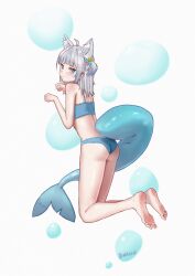 Rule 34 | 1girl, absurdres, animal ears, barefoot, blue eyes, blue hair, cat ears, earrings, feet, fins, fish tail, from behind, gawr gura, grey hair, hair ornament, highres, hololive, hololive english, jewelry, looking at viewer, looking back, mikexyil, multicolored hair, paw pose, polka dot, polka dot swimsuit, shark girl, shark hair ornament, shark tail, simple background, solo, streaked hair, swimsuit, tail, twitter username, virtual youtuber, white background