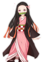 Rule 34 | 1girl, absurdres, bad id, bad pixiv id, bamboo, bit gag, black hair, catnnn, commentary request, fingernails, forehead, gag, hair ribbon, highres, japanese clothes, kamado nezuko, kimetsu no yaiba, kimono, long hair, long sleeves, looking at viewer, mouth hold, multicolored hair, nail polish, pink eyes, pink kimono, pink nails, pink ribbon, ribbon, simple background, solo, very long hair, white background