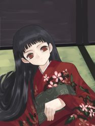 Rule 34 | 1girl, black hair, brown eyes, japanese clothes, kimono, long hair, lying, natori (natorism), obi, on back, original, sash, solo, tatami