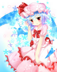 Rule 34 | 1girl, bat wings, blue hair, blush, bow, floral background, gradient background, hand in own hair, hat, hat ribbon, layered skirt, looking at viewer, mob cap, parted lips, petals, red eyes, remilia scarlet, ribbon, short hair, short sleeves, skirt, skirt set, solo, touhou, umi suzume, wings