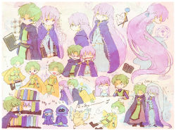 Rule 34 | 1girl, 2boys, ^ ^, absurdly long hair, angry, belt, blue eyes, book, bookshelf, boots, braid, chibi, cloak, closed eyes, dragon, fae (fire emblem), fire emblem, fire emblem: the binding blade, frown, green hair, kappaman, laughing, light purple hair, long hair, looking at another, lugh (fire emblem), mouth pull, multiple boys, musical note, nintendo, open mouth, own hands together, purple eyes, raigh (fire emblem), robe, romaji text, short hair, snow, sophia (fire emblem), spiked hair, staff, surprised, tabard, trembling, very long hair