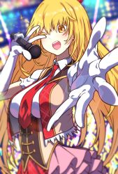 Rule 34 | 1girl, ;d, blonde hair, blurry, blurry background, breasts, brown vest, collared dress, colored eyelashes, corset, cropped vest, crowd, dress, elbow gloves, gloves, highres, holding, holding microphone, idol, irokohaku, large breasts, long hair, looking at viewer, microphone, necktie, official alternate costume, one eye closed, open mouth, outstretched arm, pink dress, red necktie, shokuhou misaki, short sleeves, smile, solo focus, sparkle, sparkling eyes, teeth, toaru idol no accelerator-sama, toaru kagaku no railgun, toaru majutsu no index, toaru majutsu no index: imaginary fest, two-tone dress, upper teeth only, v, vest, white dress, white gloves, yellow eyes