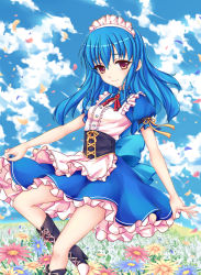 Rule 34 | 1girl, alternate costume, apron, ascot, blue hair, blue sky, bodice, boots, brooch, cloud, cross-laced footwear, daisy, day, enmaided, field, flower, flower field, fred0092, frilled skirt, frills, highres, hinanawi tenshi, jewelry, long hair, looking at viewer, maid, maid apron, maid headdress, outdoors, petals, puffy short sleeves, puffy sleeves, red eyes, short sleeves, skirt, skirt hold, sky, smile, solo, touhou, wind