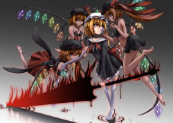 Rule 34 | 4girls, barefoot, black sclera, blonde hair, boots, brown hair, chain, collar, collar tug, colored sclera, colored skin, commentary request, corruption, crystal, dark-skinned female, dark persona, dark skin, energy sword, facial tattoo, fingernails, flandre scarlet, four of a kind (touhou), frilled skirt, frills, gradient background, grey skin, grin, hat, high heels, highres, holding, holding weapon, inyuppo, laevatein, midriff, mismatched sclera, mob cap, multicolored skin, multiple girls, multiple persona, pointy ears, red eyes, revealing clothes, ribbon, sharp fingernails, side ponytail, skirt, slit pupils, smile, sword, tattoo, thigh boots, thighhighs, torn clothes, touhou, vampire, veins, weapon, wings, wrist cuffs