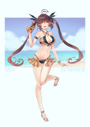 Rule 34 | 1girl, ahoge, akatsuki suzumi, alternate costume, armband, armpits, bangle, bare shoulders, beach, bead bracelet, beads, bikini, blue sky, blush, bottle, bracelet, breasts, brown eyes, brown hair, character name, cloud, crotch cutout, day, front-tie bikini top, front-tie top, full body, gatorade, girls&#039; frontline, hair ribbon, heart, highleg, highleg bikini, highres, holding, holding bottle, jewelry, large breasts, leg up, long hair, looking at viewer, m14 (girls&#039; frontline), microskirt, navel, ocean, open mouth, outside border, photoshop (medium), pleated skirt, ribbon, sand, sandals, sidelocks, skindentation, skirt, sky, smile, solo, stomach, swimsuit, thighs, twintails, yellow eyes