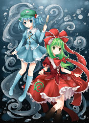 Rule 34 | 2girls, :o, bad id, bad pixiv id, blue eyes, blue hair, boots, bow, cattail, clothes lift, dress, female focus, frills, front ponytail, green eyes, green hair, hair bobbles, hair bow, hair ornament, hair ribbon, hat, highres, kagiyama hina, kawashiro nitori, key, multiple girls, plant, ribbon, rubber boots, skirt, skirt hold, skirt lift, smile, sumi mi, touhou, twintails, two side up, underwater