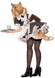 Rule 34 | 1girl, animal ears, apron, black footwear, black thighhighs, brown hair, cat ears, cat girl, cat tail, commentary request, cup, dress, drinking glass, facing away, from behind, full body, high heels, holding, holding menu, holding tray, leaning forward, long hair, maid, maid apron, mattaku mousuke, menu, original, puffy short sleeves, puffy sleeves, short dress, short sleeves, simple background, solo, tail, thighhighs, thighs, tray, twintails, white apron, white background
