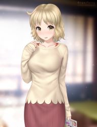 Rule 34 | 1girl, artist name, bad id, bad pixiv id, blonde hair, blurry, blurry background, blush, breasts, brown eyes, collarbone, commentary, eyelashes, gigamessy, hand up, holding, long sleeves, looking at viewer, medium breasts, nichijou, open mouth, patreon username, red skirt, sakurai izumi, short hair, skirt, solo, standing, watermark, web address