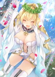 Rule 34 | 1girl, belt, blonde hair, breasts, bridal veil, cleavage, closed eyes, crying, elbow gloves, fate/grand order, fate (series), gloves, head wreath, large breasts, natsuki (ukiwakudasai), navel, nero claudius (bride) (fate), nero claudius (bride) (third ascension) (fate), nero claudius (fate), nero claudius (fate) (all), petals, short hair, solo, tower, veil, white gloves