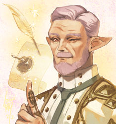 Rule 34 | 1boy, artist name, beard, blue necktie, claw ring, closed mouth, dated, elezen, elf, facial hair, feathers, final fantasy, final fantasy xiv, forehead, forked eyebrows, grey hair, hand up, happy, index finger raised, inkwell, jacket, jewelry, looking at viewer, male focus, montichaigne, mustache, necktie, old, old man, one eye closed, outline, paper, pointy ears, quill, red eyes, ring, short hair, signature, smile, solo, sparkle, tsunetaka rakurai, upper body, white jacket, white outline, wink