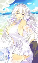 Rule 34 | 1girl, ahoge, ass, azur lane, bad id, bad twitter id, beach, black jacket, blue eyes, bouquet, breasts, check commentary, cleavage, cleavage cutout, clothing cutout, cloud, cloudy sky, commentary request, cowboy shot, detached collar, dress, elbow gloves, flower, from side, garter straps, gloves, halter dress, halterneck, holding hands, illustrious (azur lane), illustrious (morning star of love and hope) (azur lane), jacket, large breasts, long hair, looking at viewer, low twintails, mole, mole under eye, open mouth, outdoors, shimeji (4 me ji), short dress, sky, sleeveless, sleeveless dress, solo focus, standing, standing on one leg, strapless, strapless dress, thighhighs, thighs, tongue, tri tails, tuxedo, twintails, veil, wedding dress, white dress, white gloves, white hair, white thighhighs