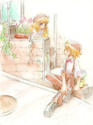 Rule 34 | 1boy, 1girl, artist request, blonde hair, blue eyes, brick wall, copyright request, flower, flower pot, hat, crossed legs, long hair, looking at another, lowres, overalls, plant, sitting, sleeves rolled up, source request, vines, yellow eyes