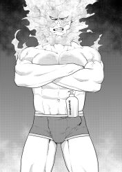 Rule 34 | 1boy, bara, boku no hero academia, boxer briefs, bulge, chest hair, crossed arms, endeavor (boku no hero academia), erection, erection under clothes, facial hair, feet out of frame, greyscale, highres, large pectorals, looking at viewer, male focus, male underwear, mature male, monochrome, muscular, muscular male, navel, object on bulge, p (pppppppppq), pectorals, shampoo bottle, shampoo challenge, short hair, sideburns, solo, spiked hair, stubble, thick thighs, thighs, underwear, underwear only