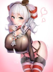 Rule 34 | 1girl, amatsukaze (kancolle), amatsukaze (kancolle) (cosplay), bad id, bad pixiv id, blush, breasts, closed mouth, cosplay, covered erect nipples, doyouwantto, dress, garter straps, gloves, gradient background, grey eyes, hair tubes, heart, highres, huge breasts, kantai collection, kashima (kancolle), long sleeves, looking at viewer, pink background, sailor dress, see-through, see-through shirt, shirt, short hair, signature, silver hair, single glove, smile, solo, striped clothes, striped thighhighs, thighhighs, twintails, white background, white gloves
